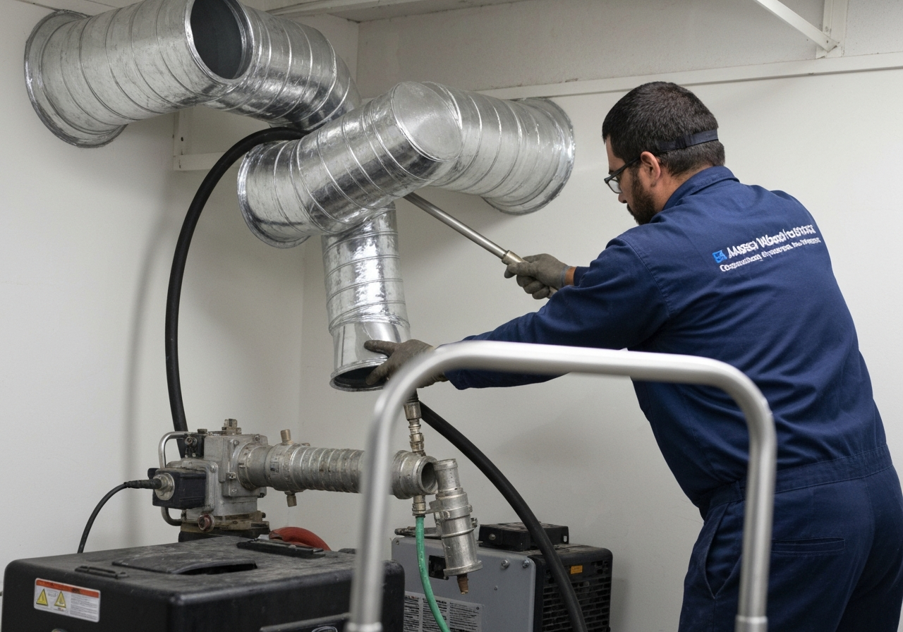 Technician cleaning industrial air duct system
