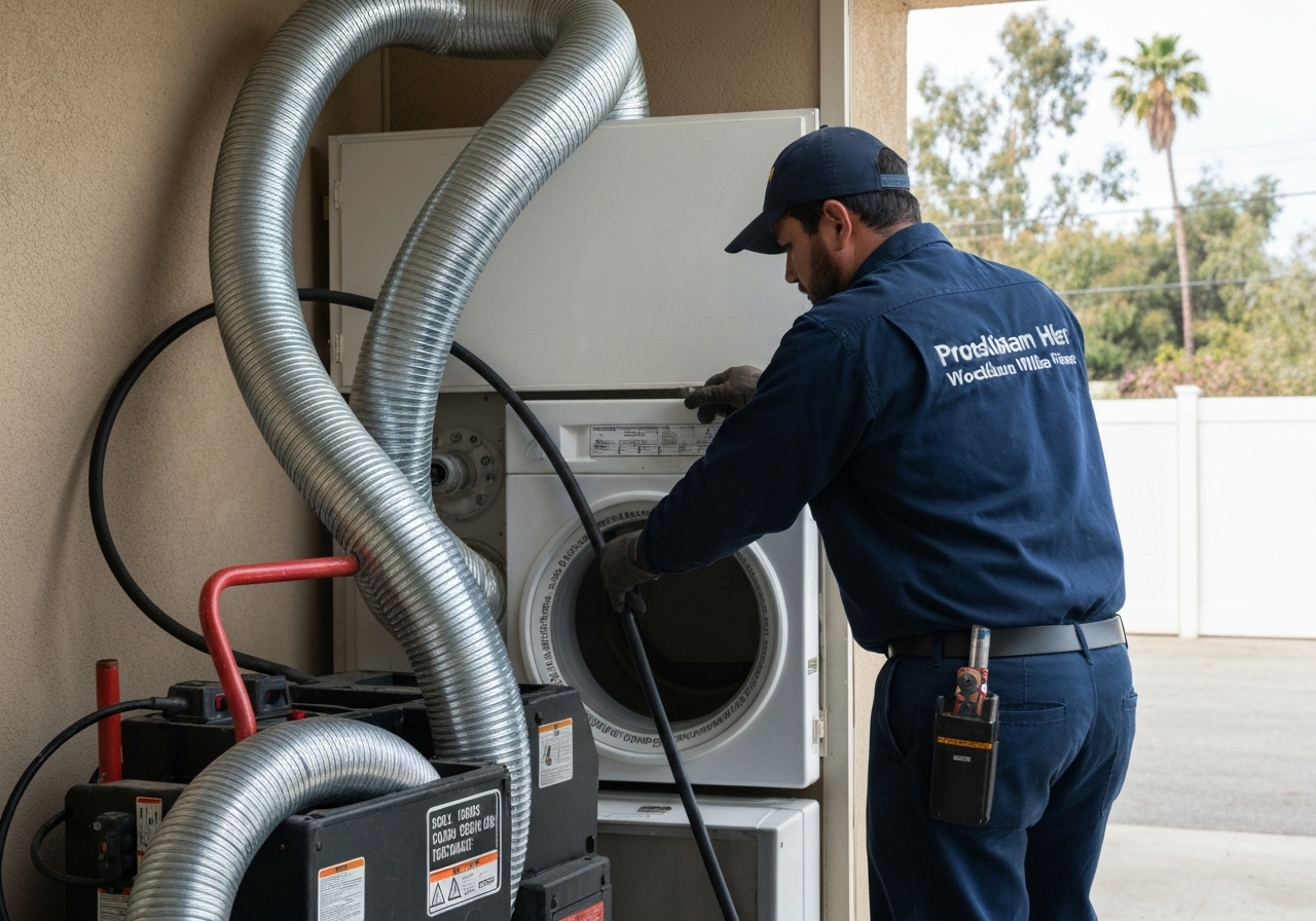 Technician performs professional dryer vent cleaning service on stacked laundry appliances