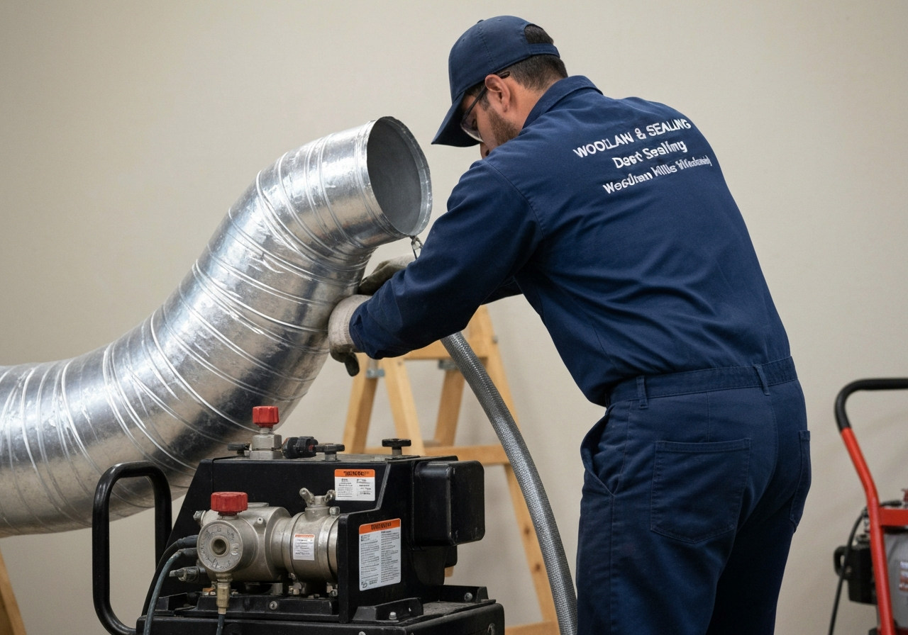 Technician connecting air duct to sealing equipment for repair and sealing service