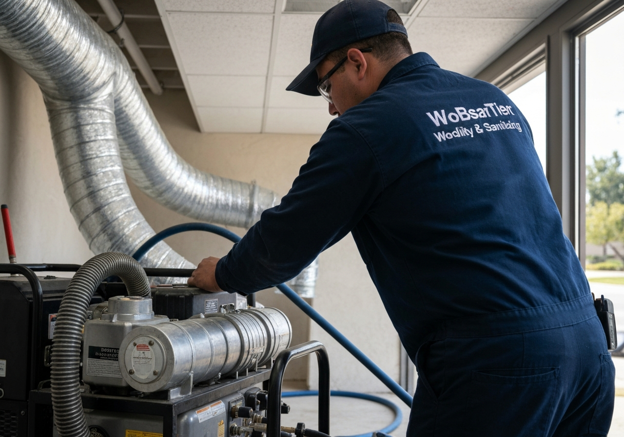 Air duct cleaning technician servicing equipment with large metal ducts overhead.